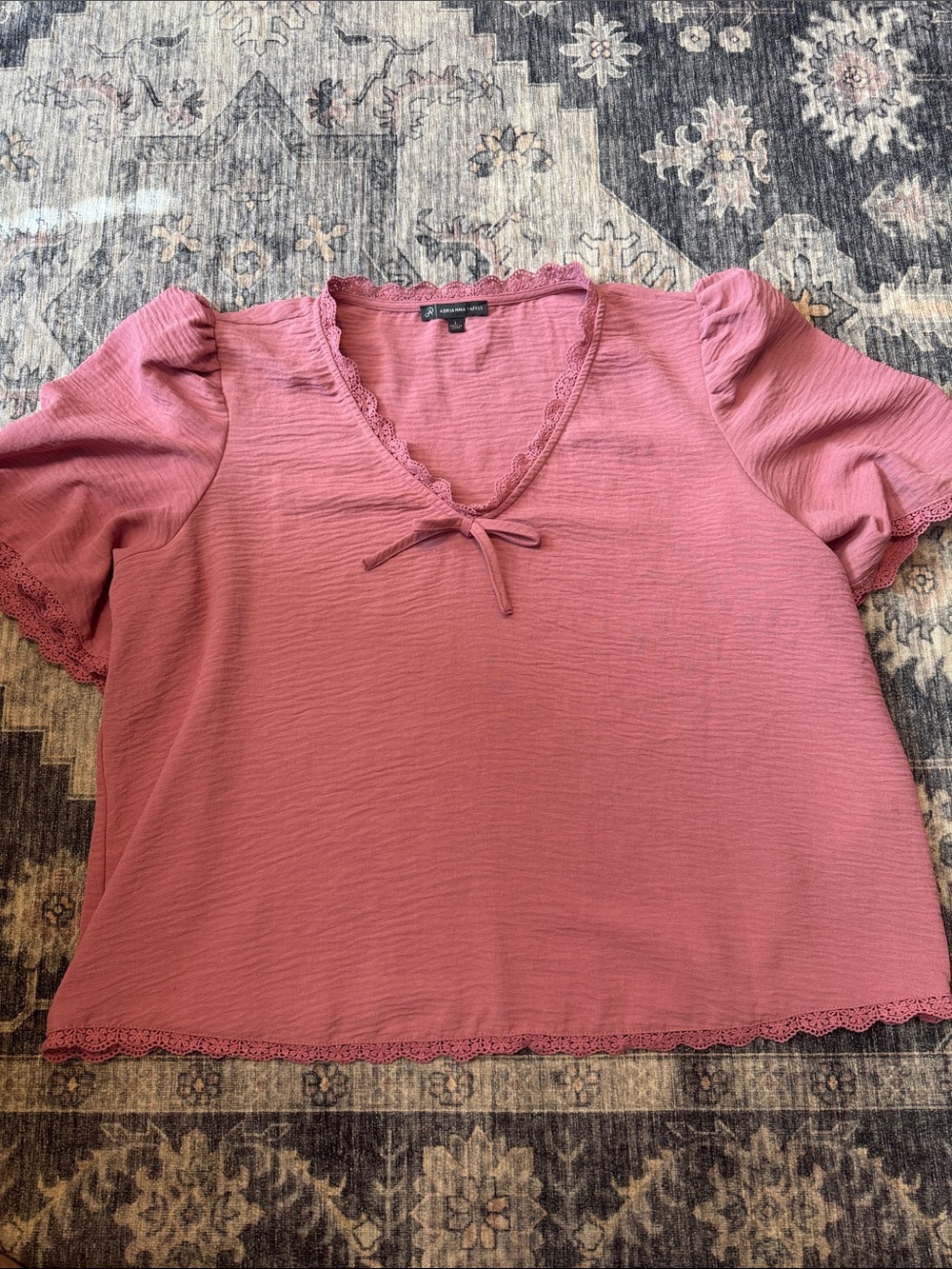 Adrianna Papell Rose Pink V-Neck Puff Sleeve Lace Trim Blouse